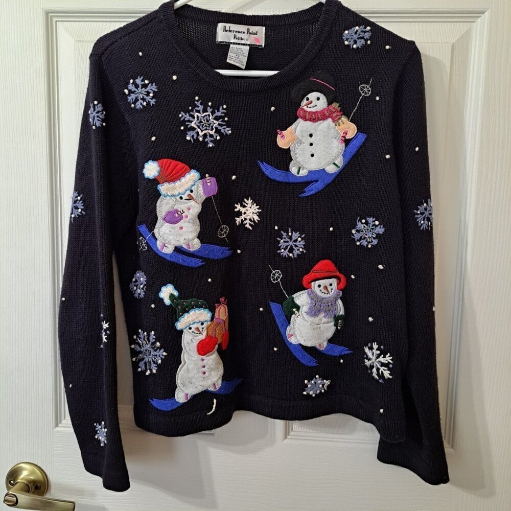 Reference Point Women's PS Multicolor Pullover Sweater Snowman Embroidery Beads